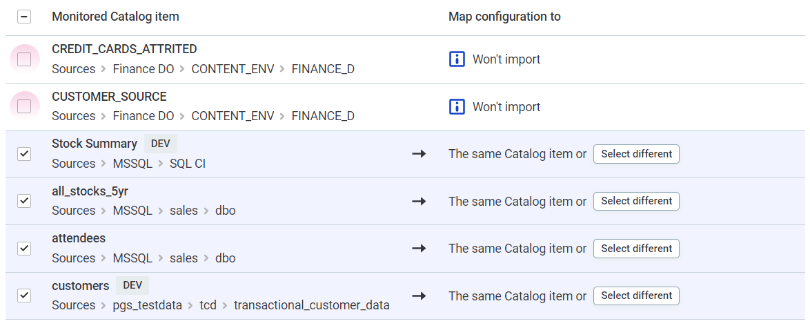 Select catalog items for import