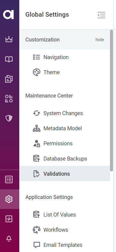 Global settings validations tab