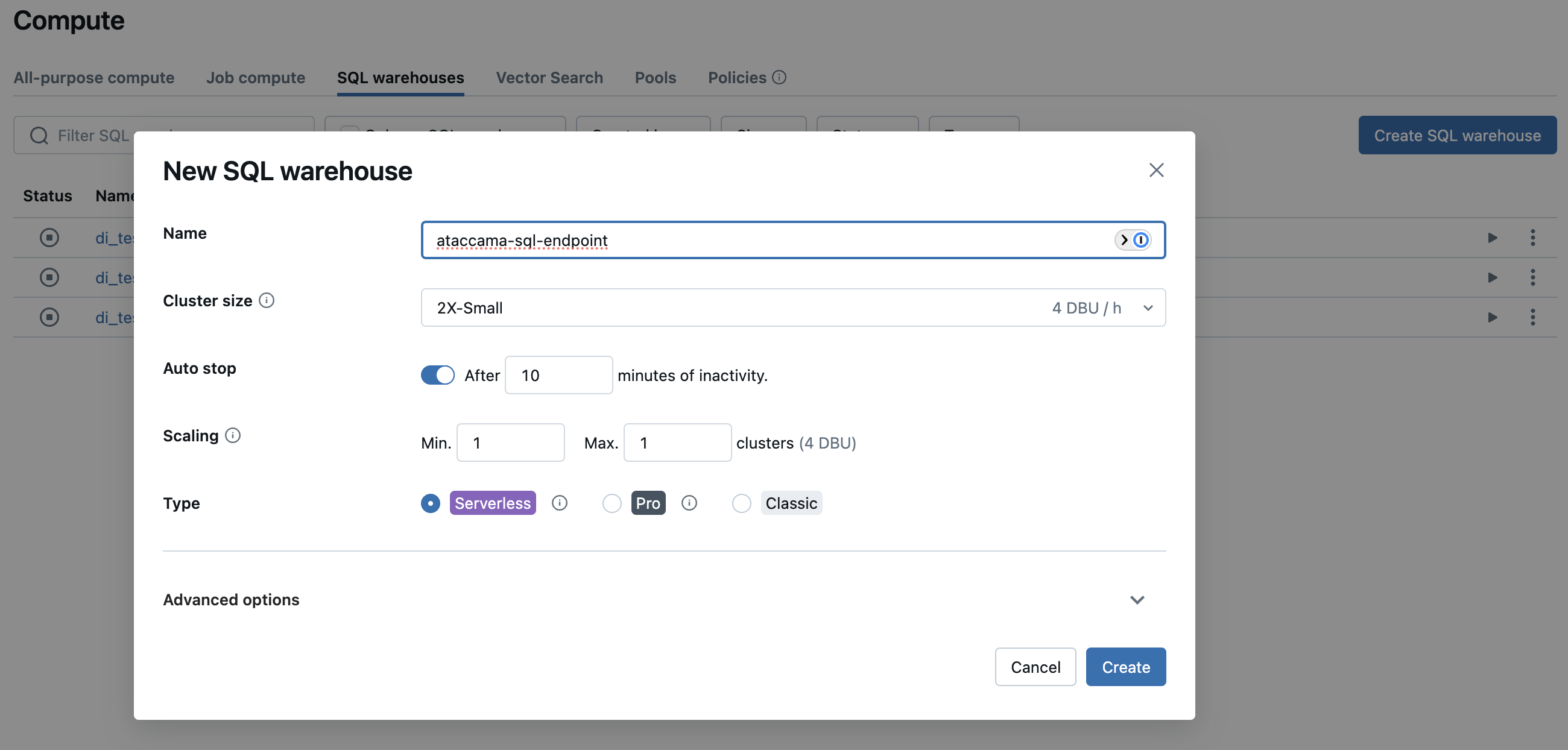 New serverless SQL warehouse