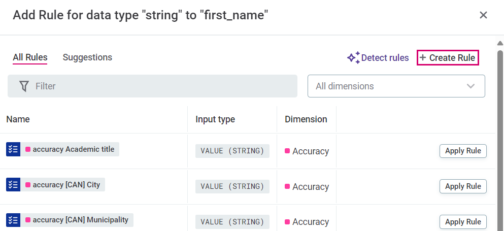 Create DQ rule in Add Rule dialog