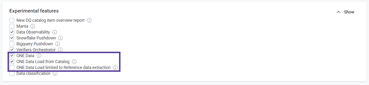 ONE Data feature flags in Cloud Portal