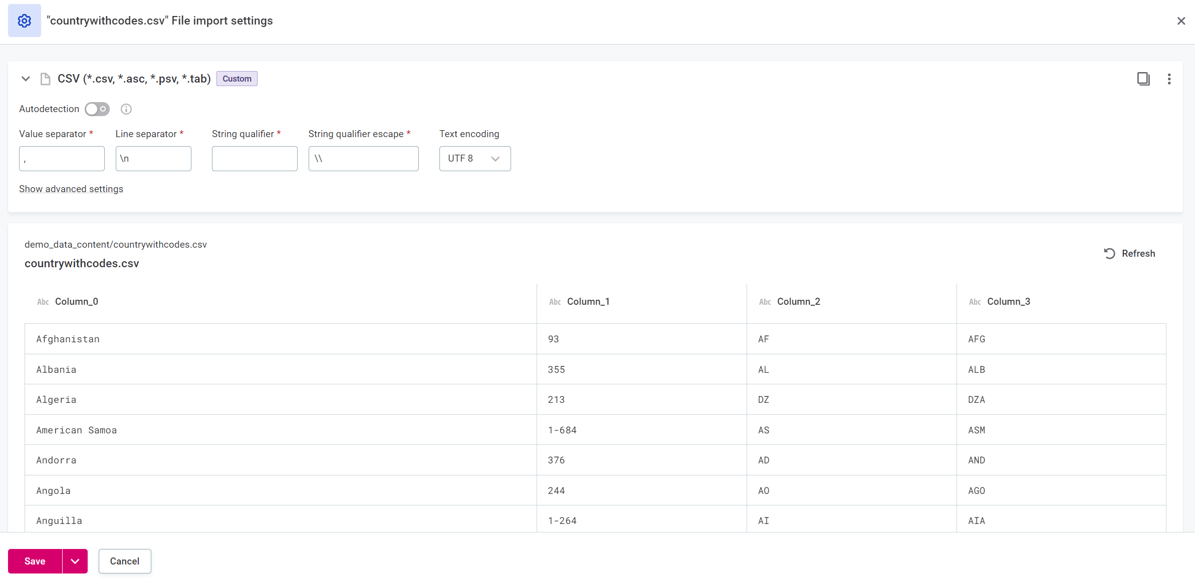 Preview data custom settings