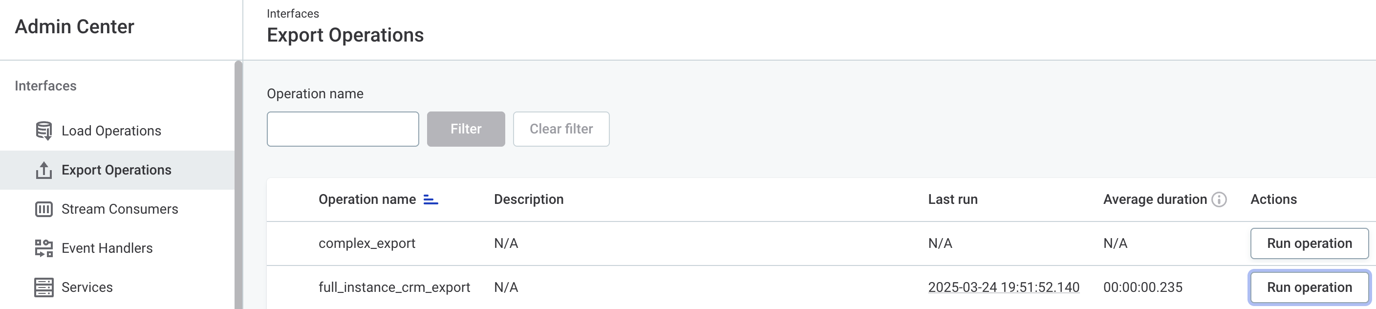 Export Operations screen in Admin Center