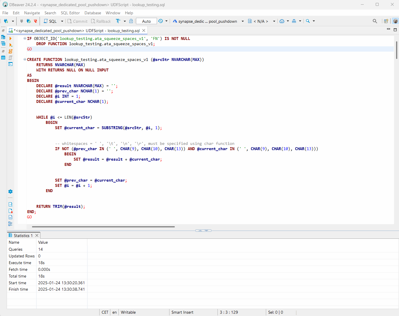 Example of script run in dbeaver