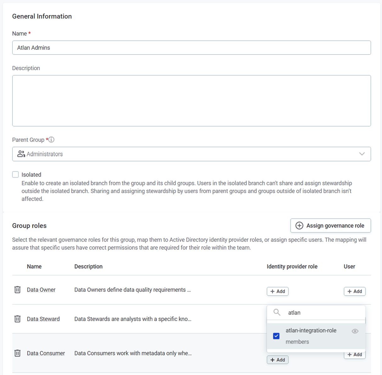 Map Atlan integration role to ONE group