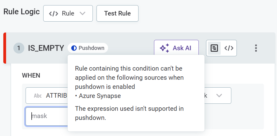 rule not supported in pushdown in some sources