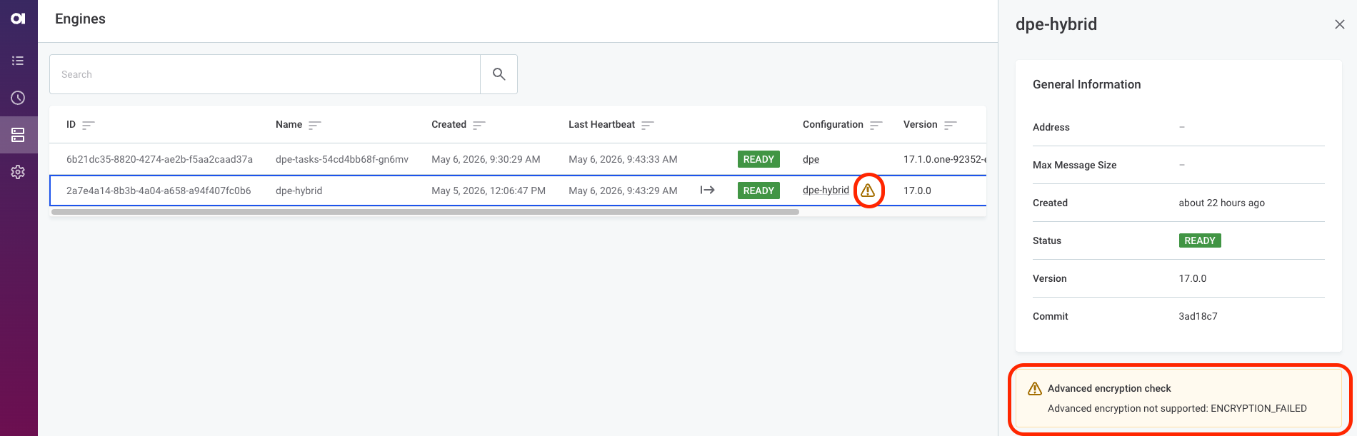 Advanced encryption warning in DPM Admin Console