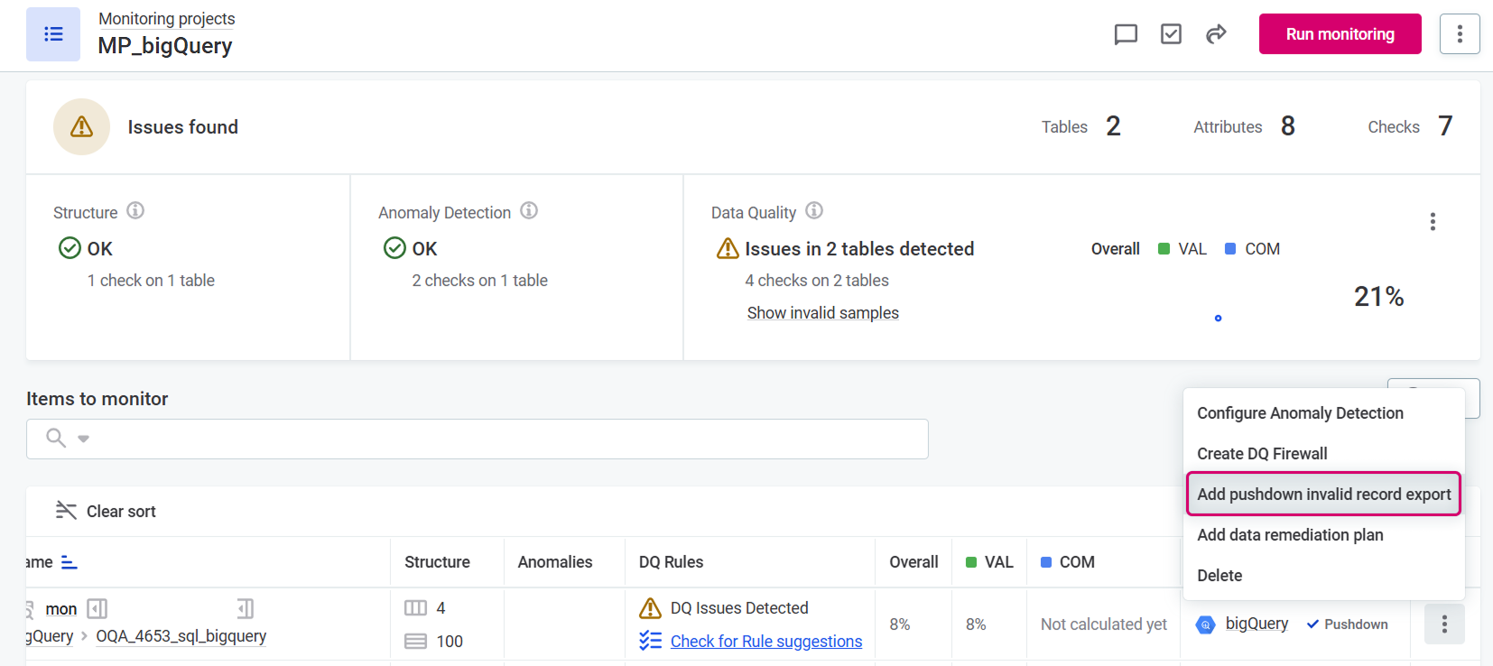 Select Add pushdown invalid record export