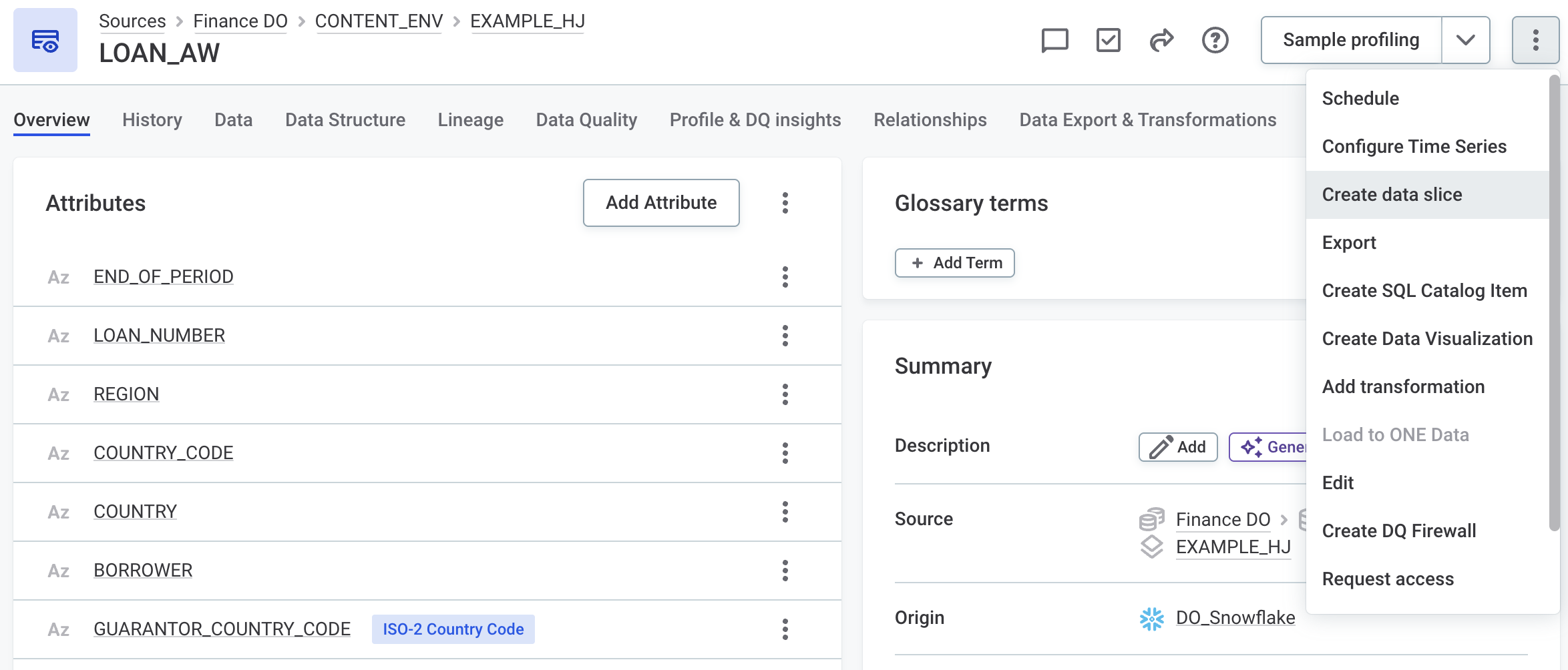 Create data slice on catalog item