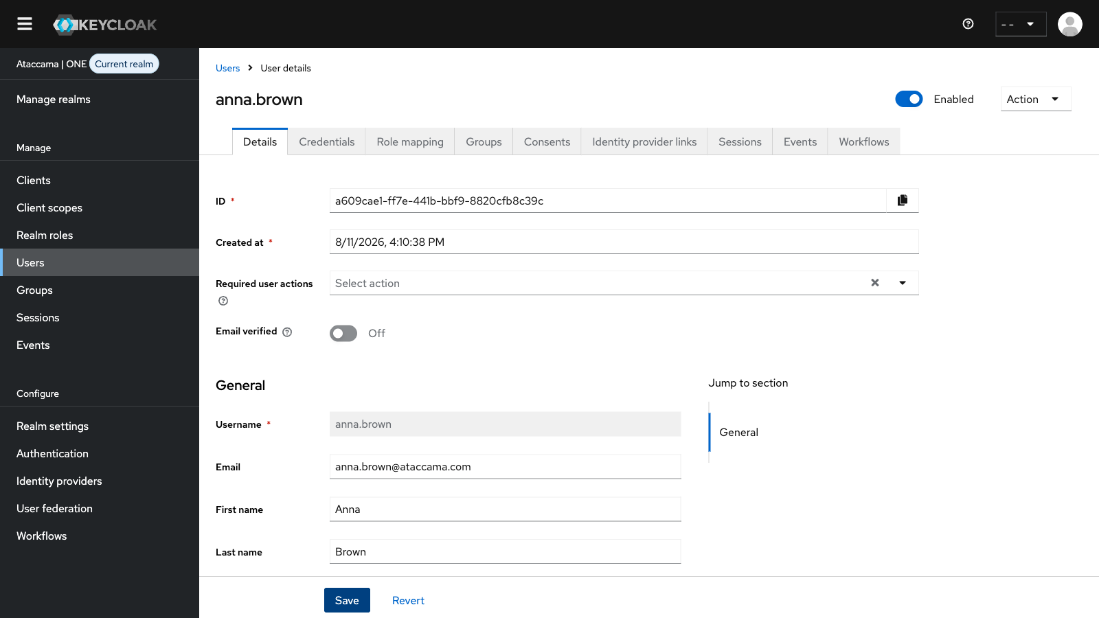 User details screen of a newly created user