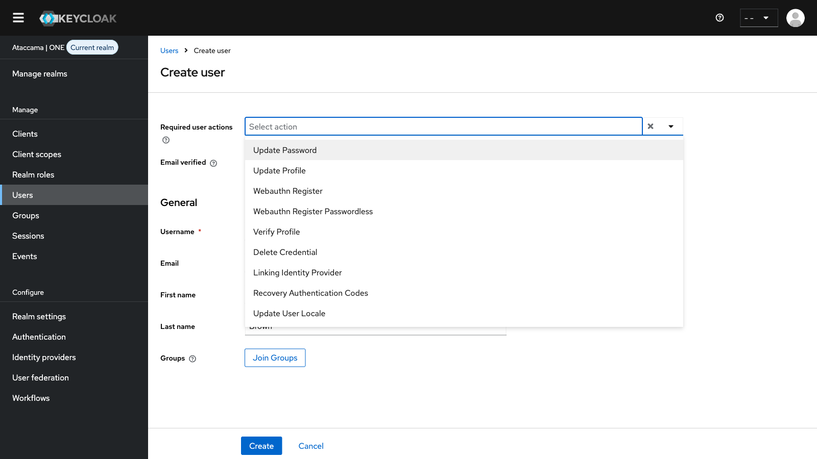 Required user actions dropdown on the Create user screen