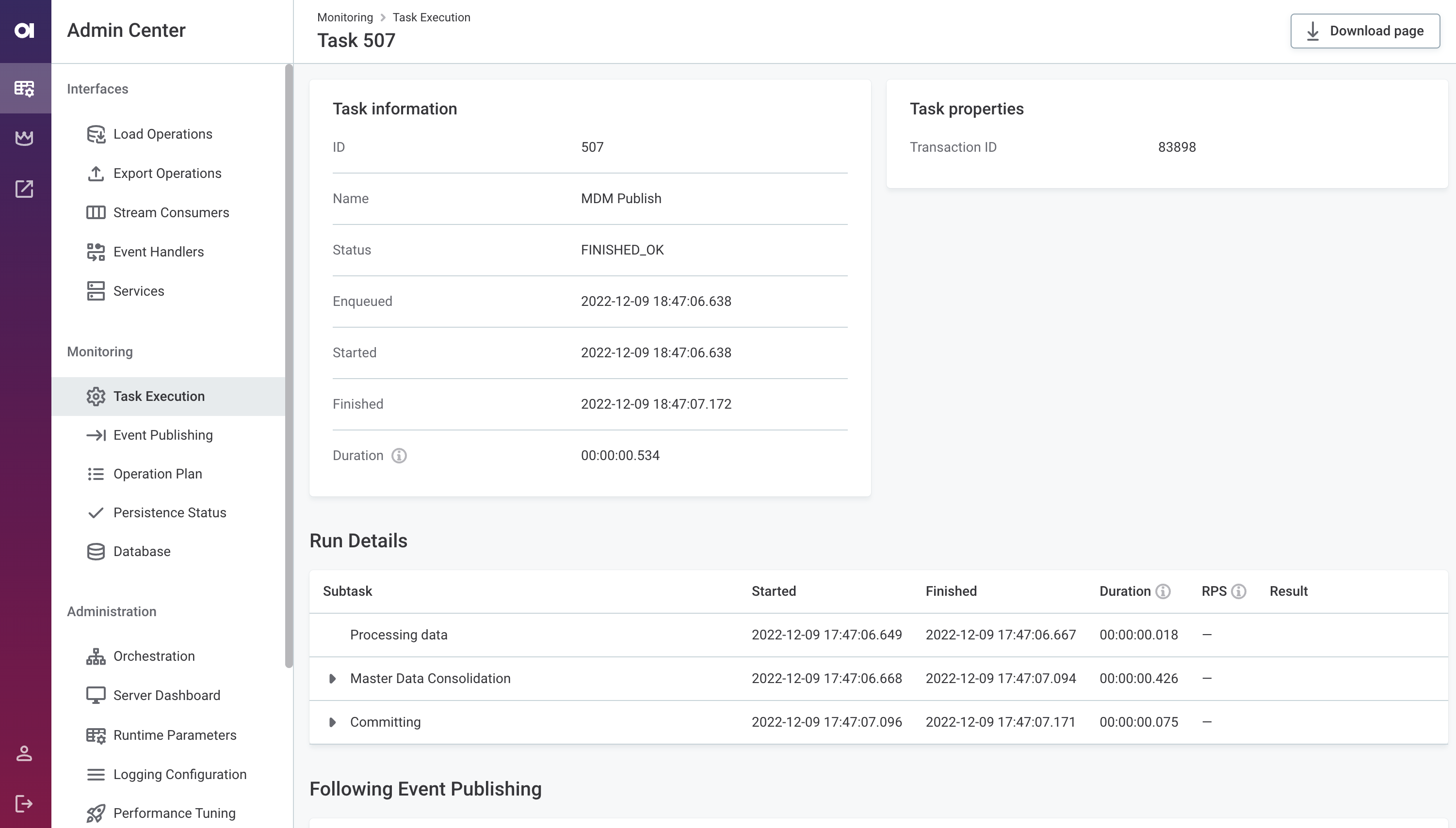 Admin Center > Task execution