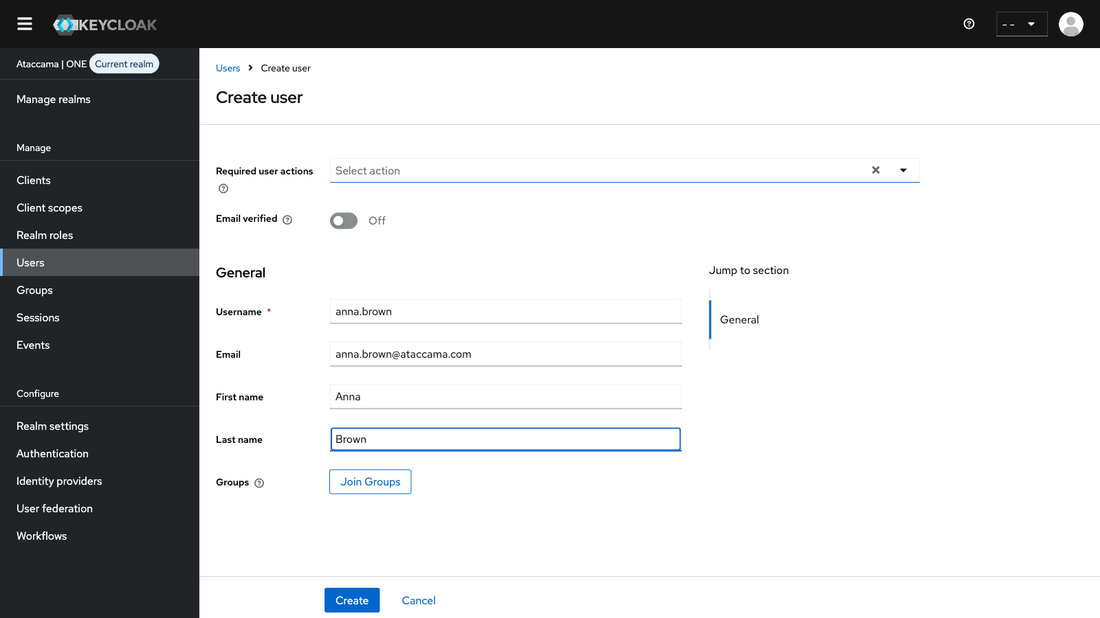Create user screen in Keycloak