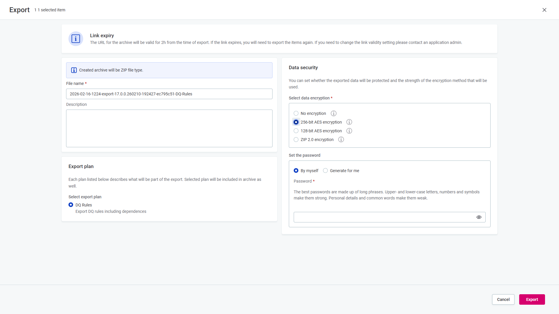 Export configuration dialog