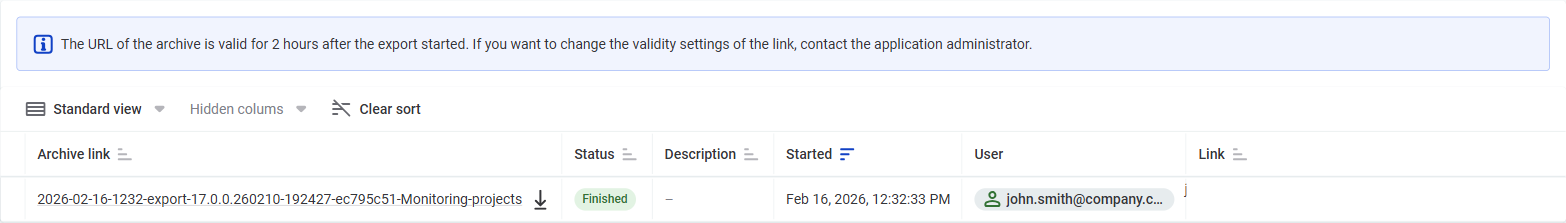 Exports list with download link