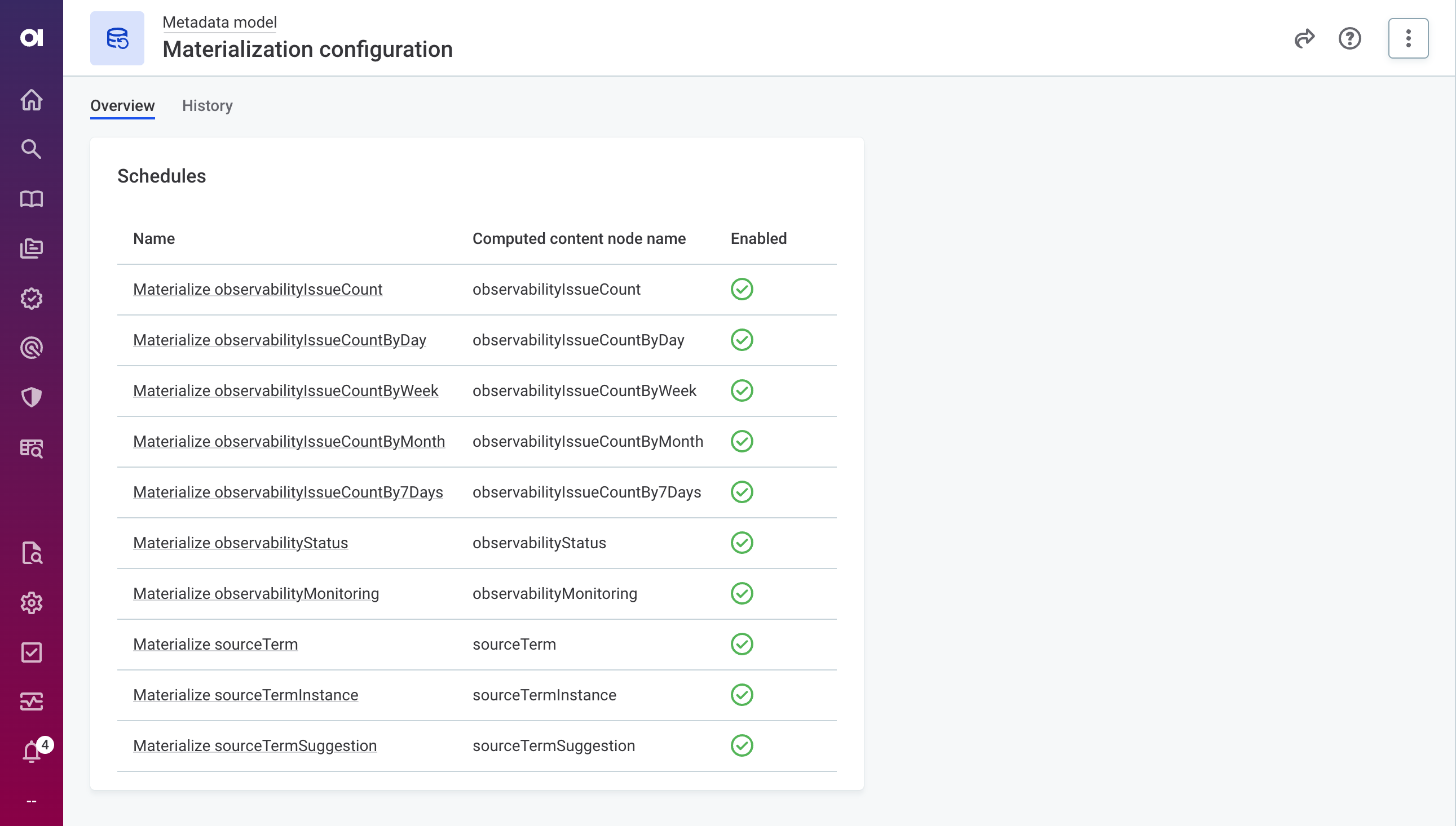 The Materialization configuration page listing the materialization schedules