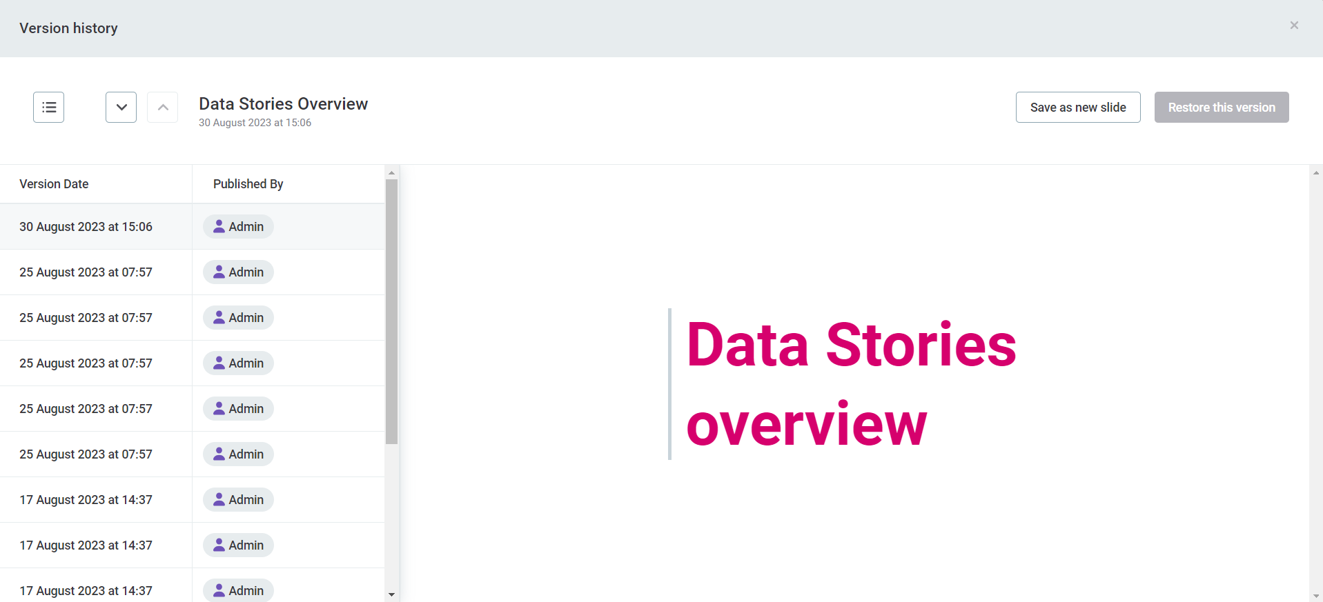 stories more options version history