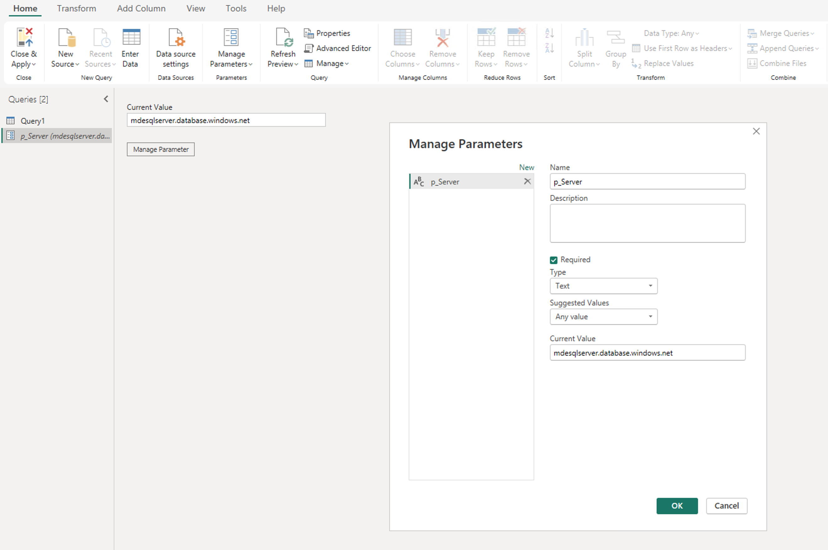 Example of a Power Query parameter definition