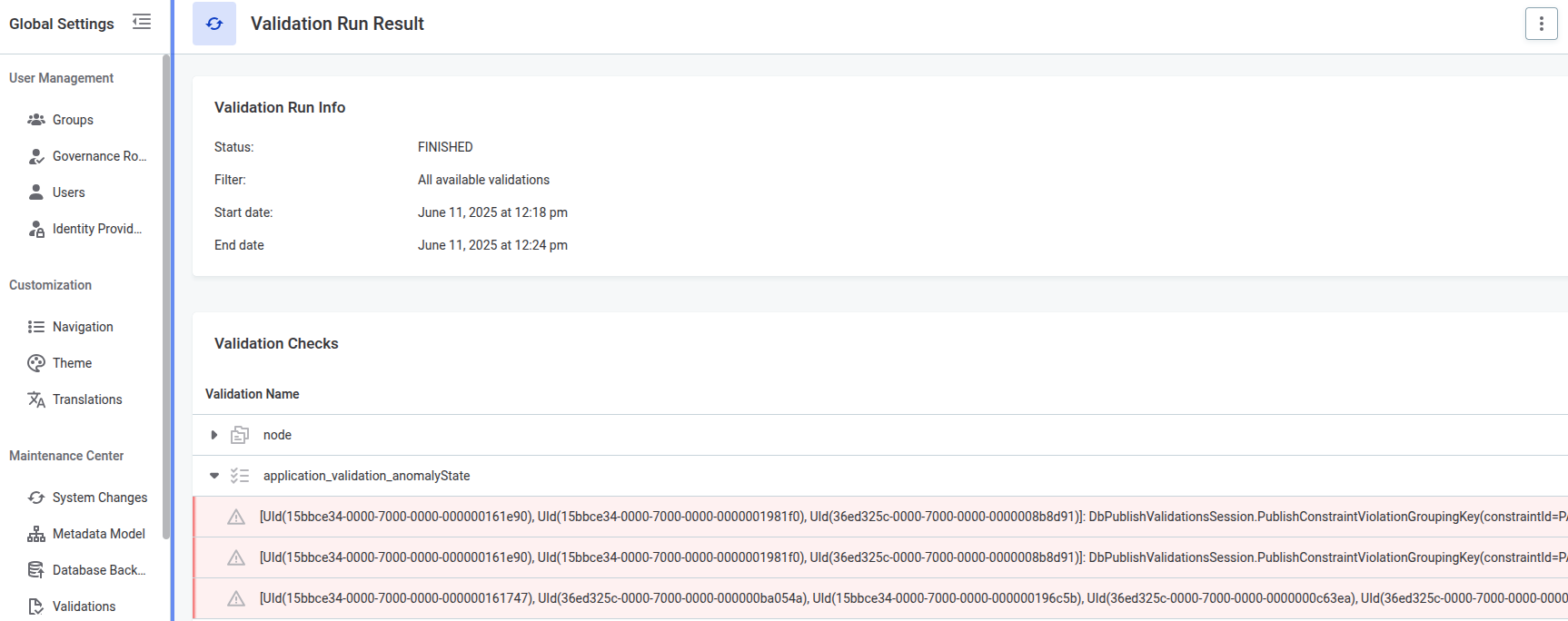 Application validation errors