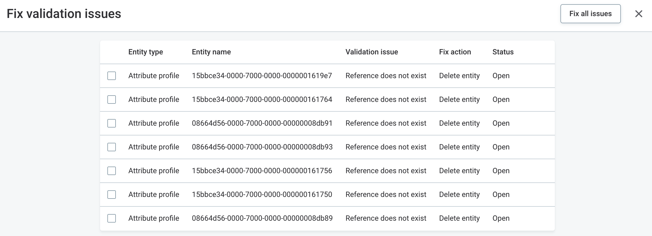 The Fix validation issues screen listing issues