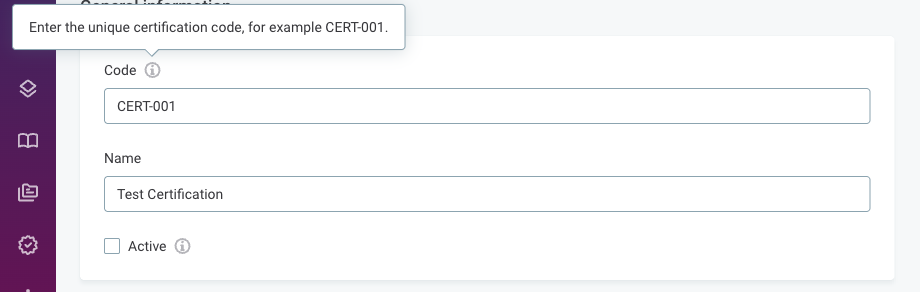 A property description shown as a tooltip on the information icon next to the Code field label when editing an entity instance