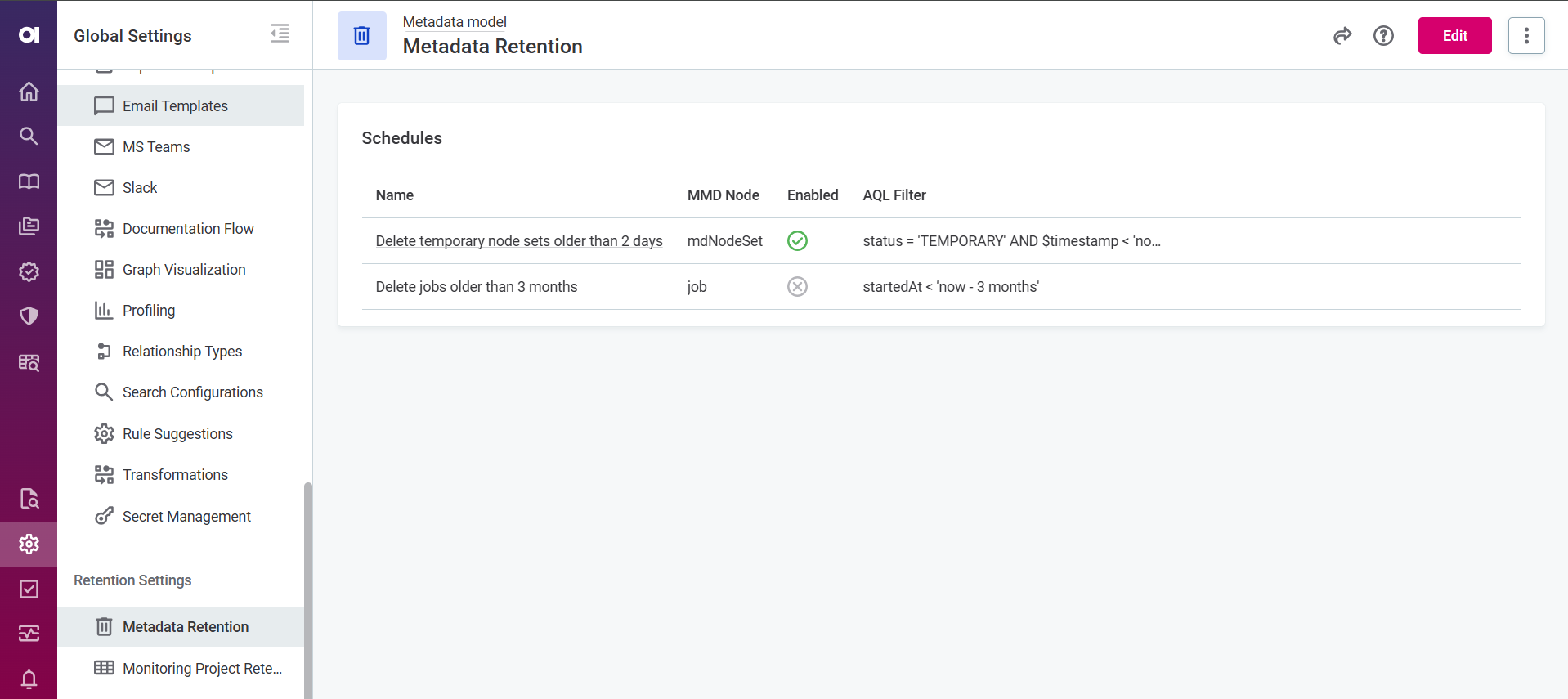 Metadata retention settings page