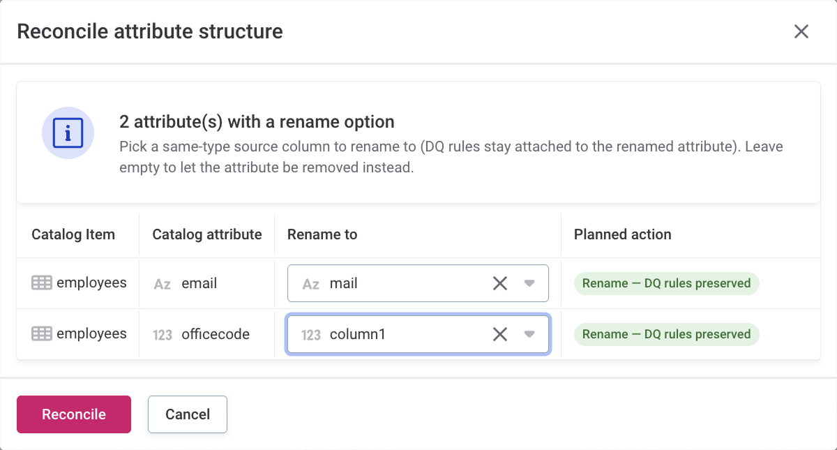 Reconcile attribute structure dialog