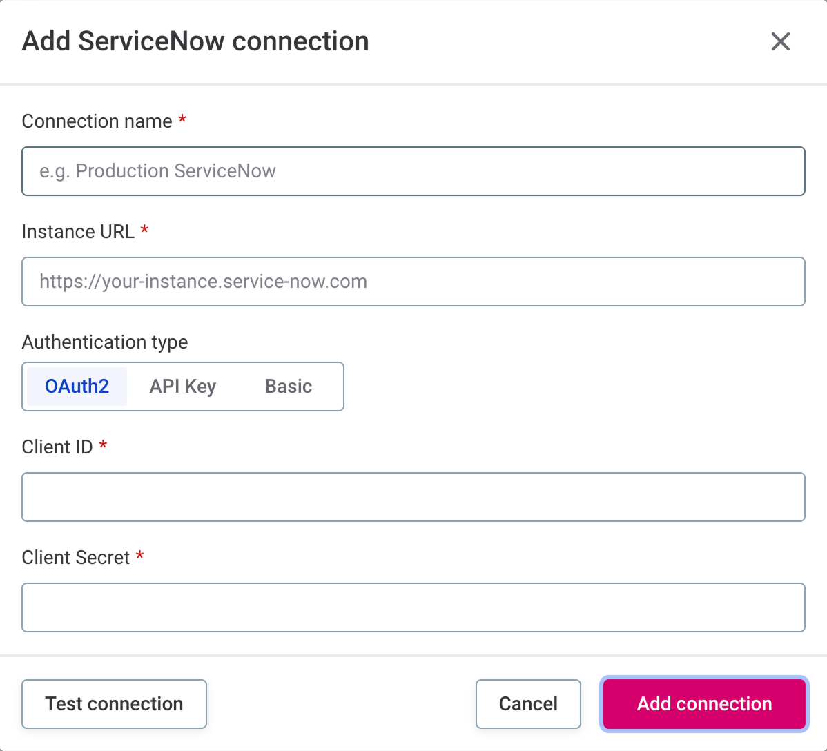 Add ServiceNow connection dialog with OAuth2 selected