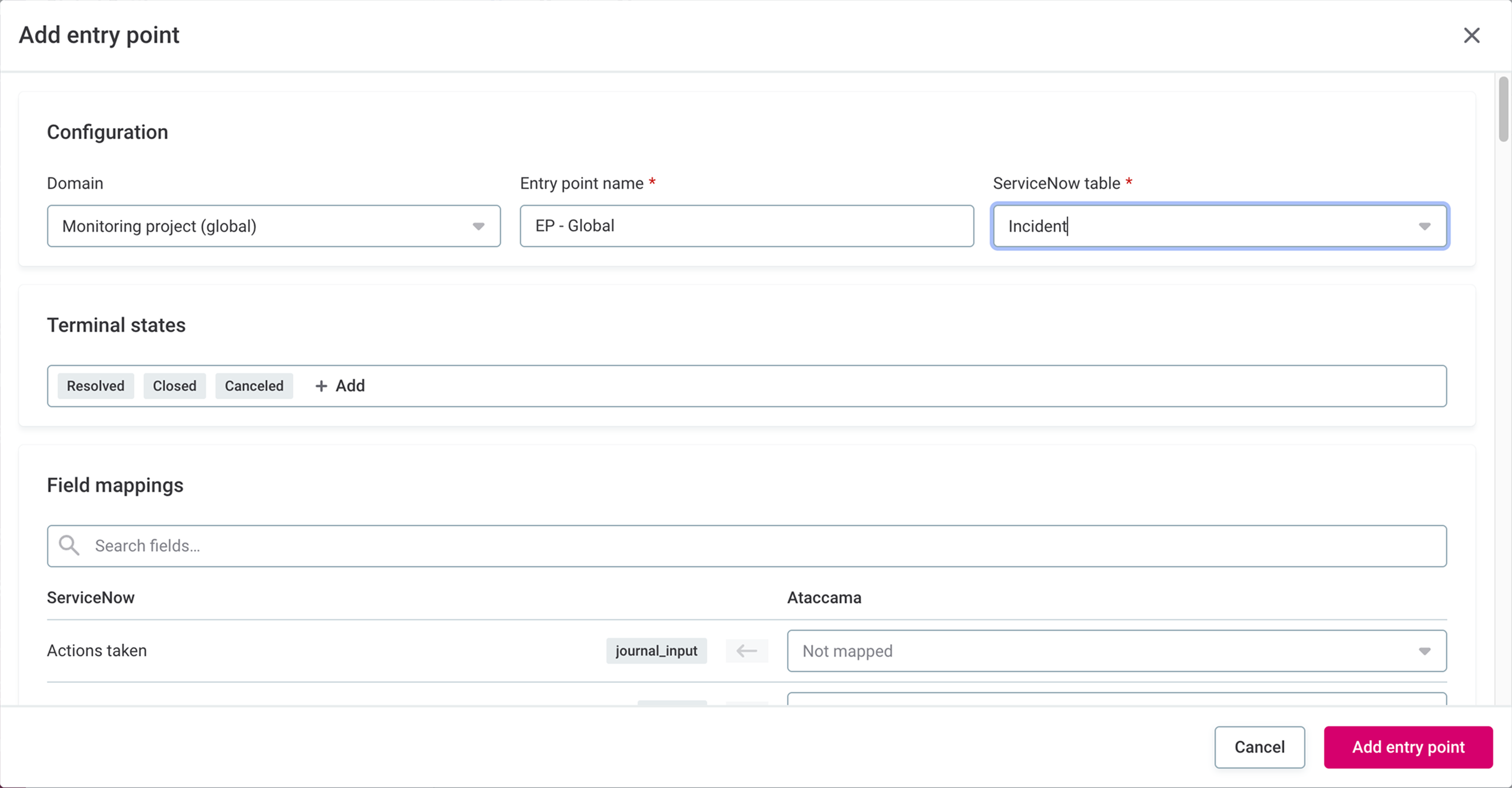 Add entry point dialog with the Incident table selected