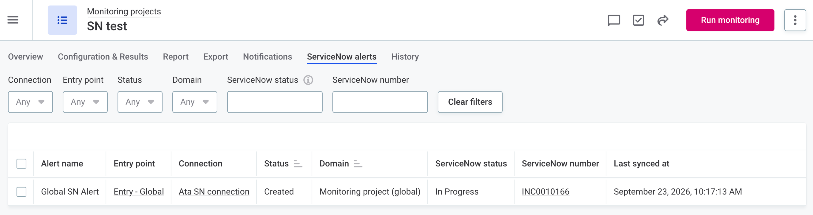 ServiceNow alerts tab of a monitoring project with one alert in the Created status