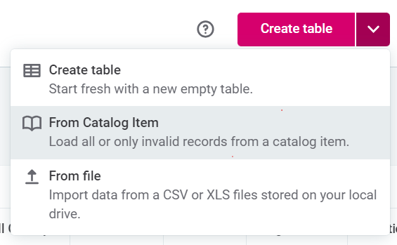 Create table from catalog item