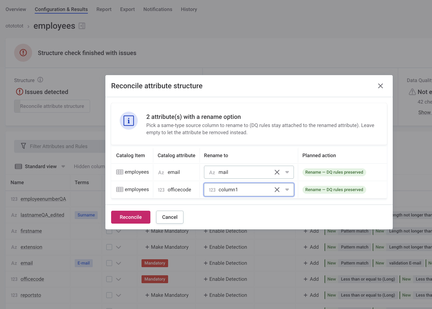 Reconcile source column changes in monitoring projects
