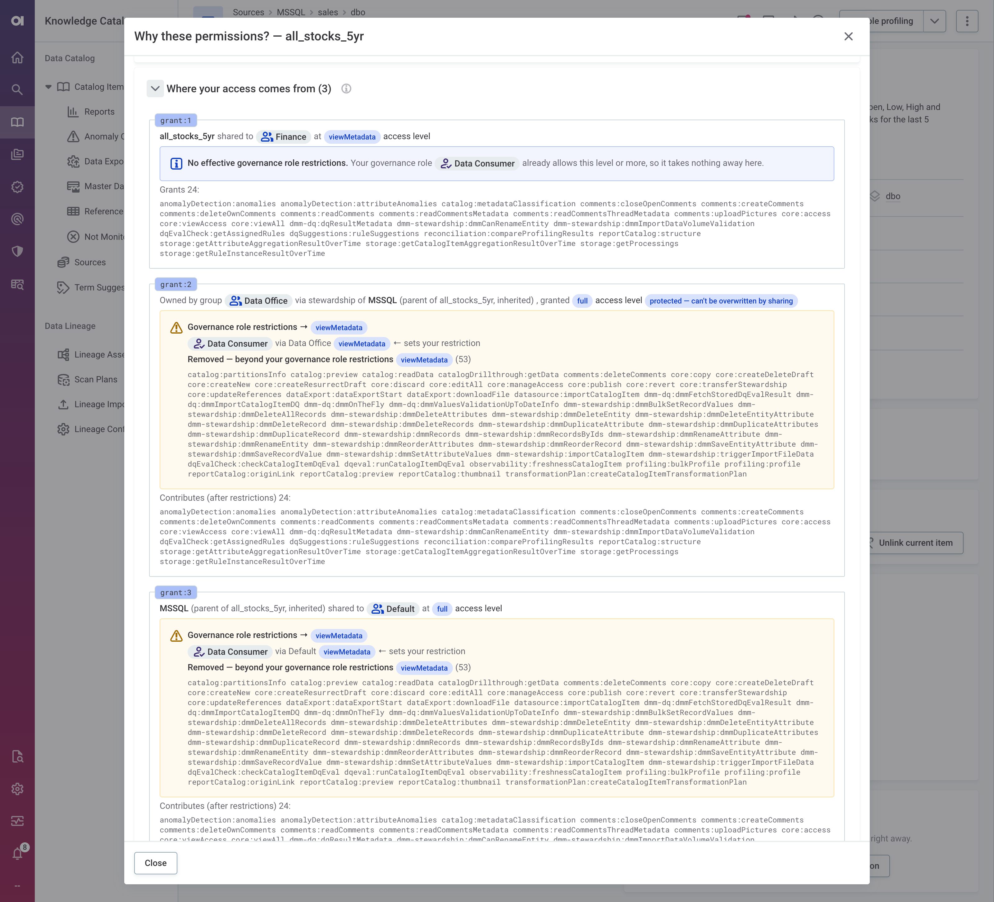 The Why these permissions? dialog for a catalog item, showing the identities the user is evaluated as, where their access comes from, and the allowed and denied operations