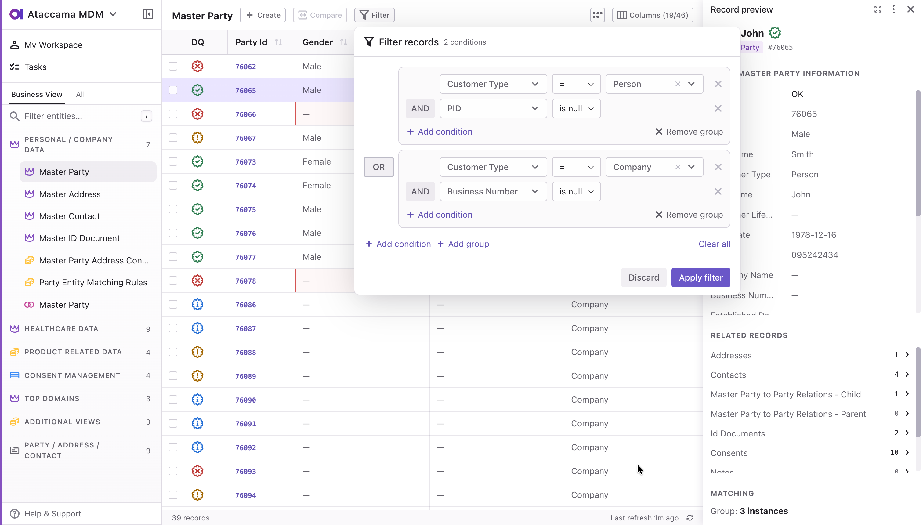 Filter records dialog with two condition groups joined by OR and two conditions joined by AND in each group