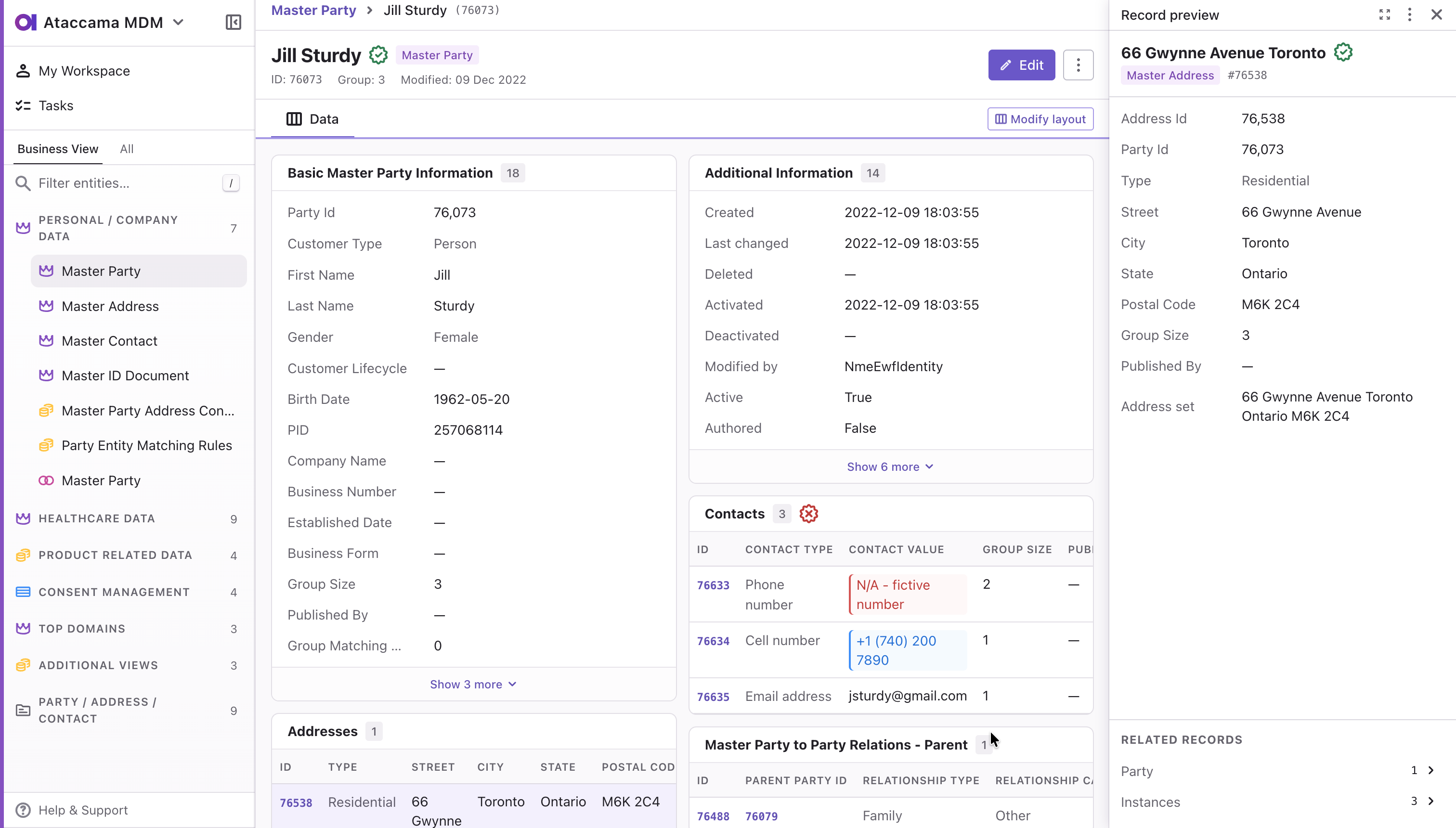 Master party record detail in the new MDM Web App with a related address open in the Record preview side panel
