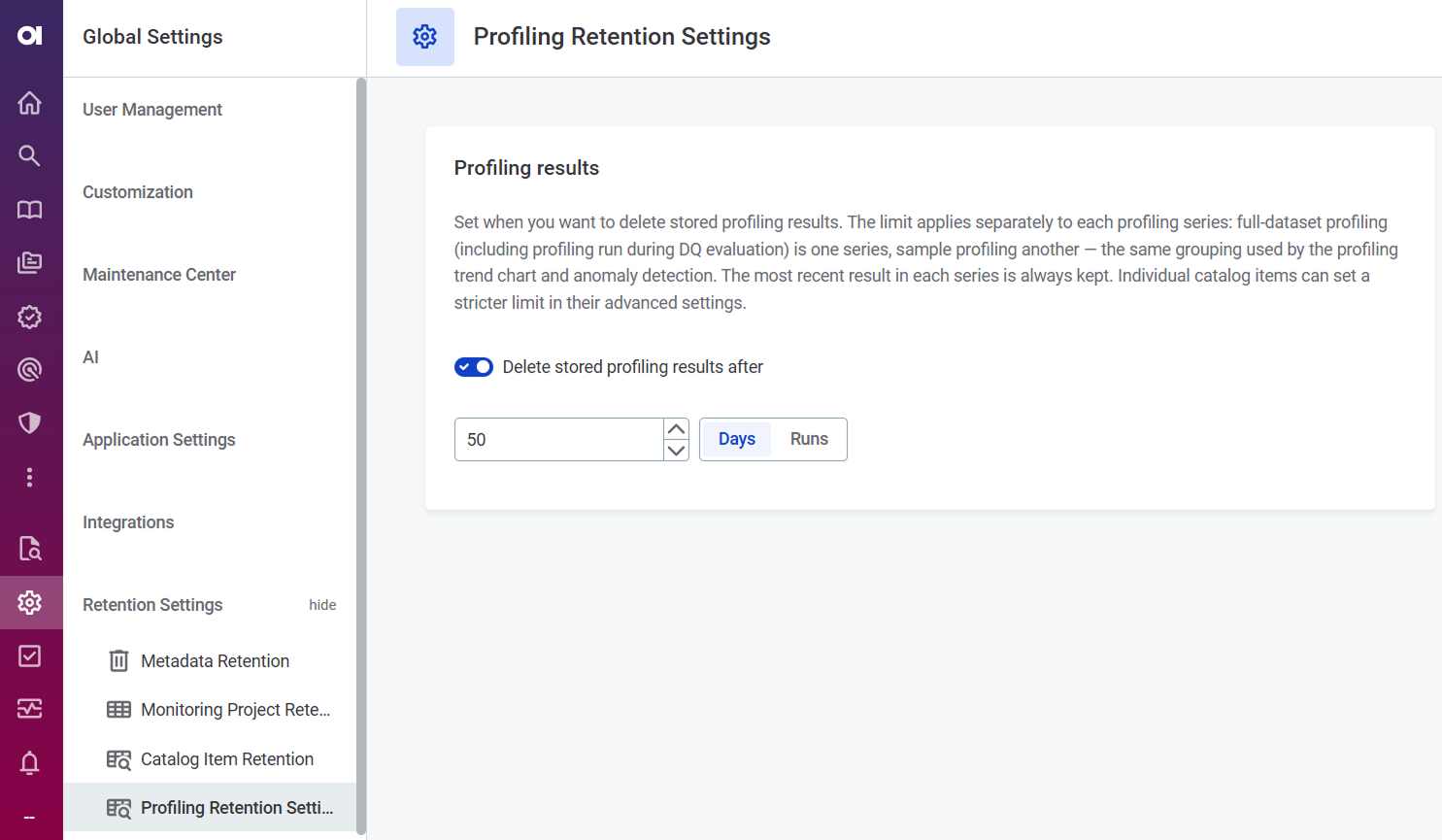 Profiling retention settings screen with the Delete stored profiling results after option and the Days and Runs selector