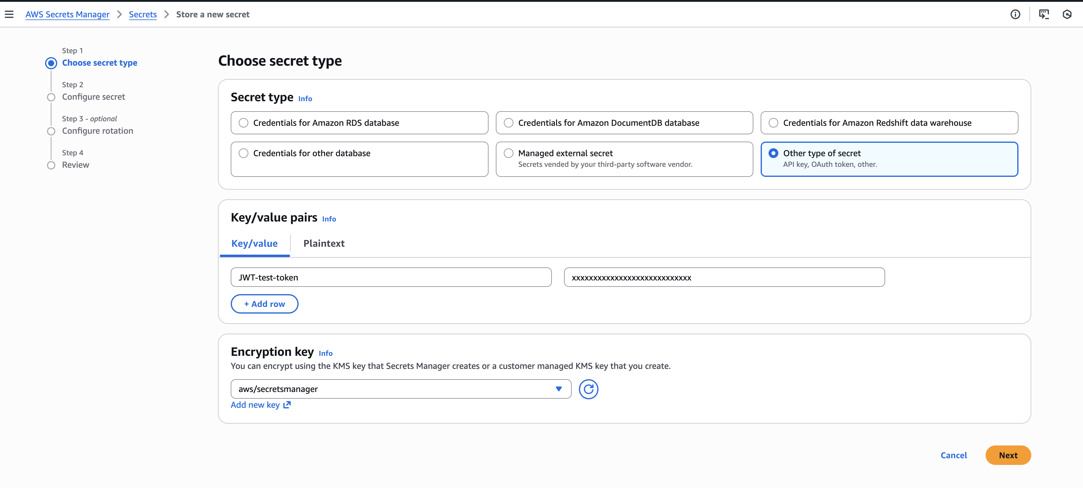 AWS Secrets Manager - Create secret