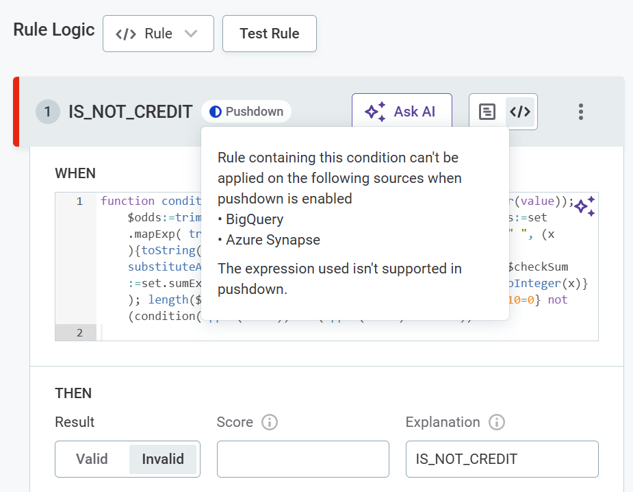 rule not supported in pushdown in some sources