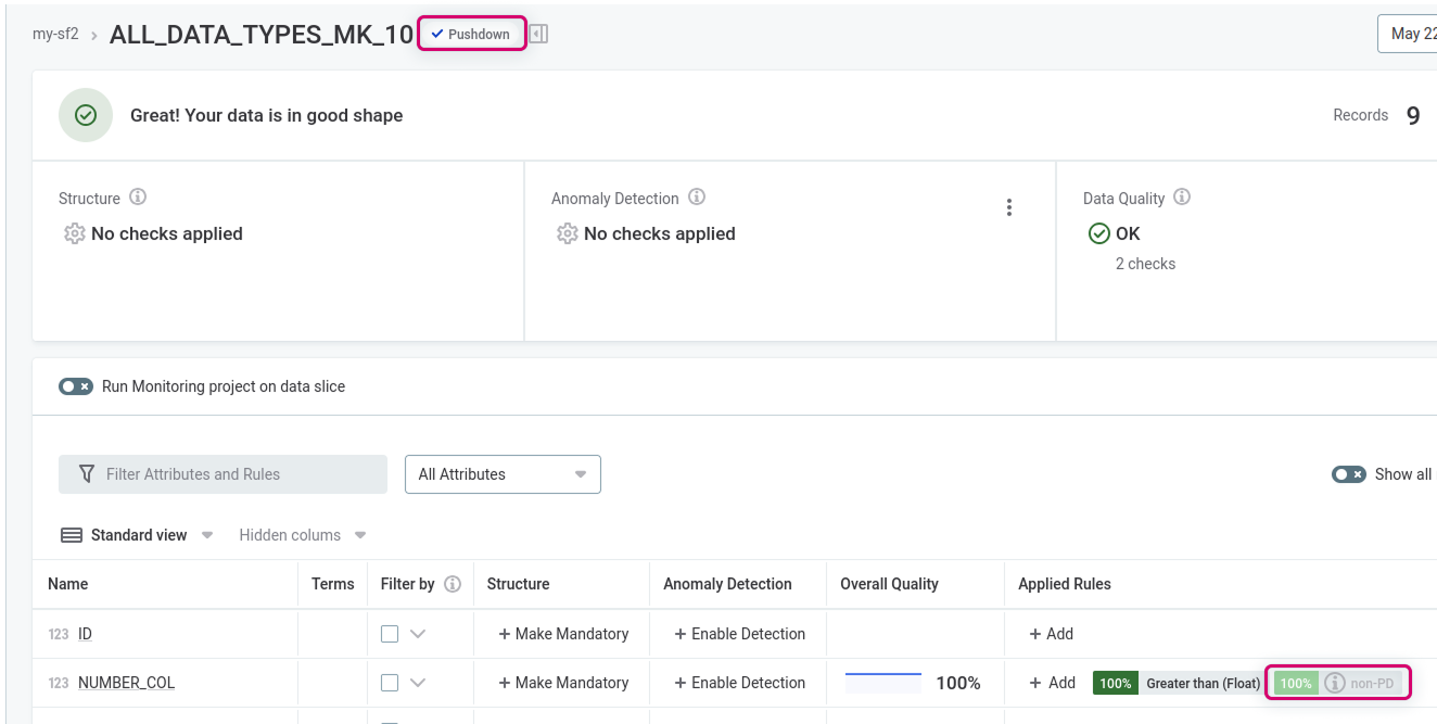 Unsupported rules disabled with info icon on the monitoring project Configuration & Results tab