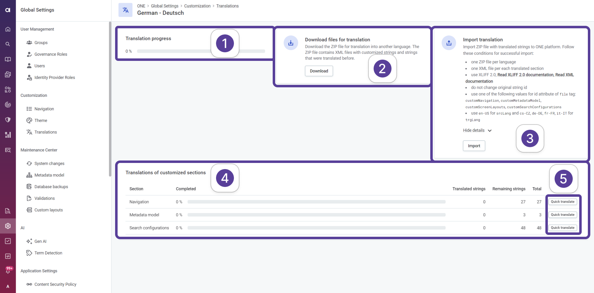 Translations page options overview