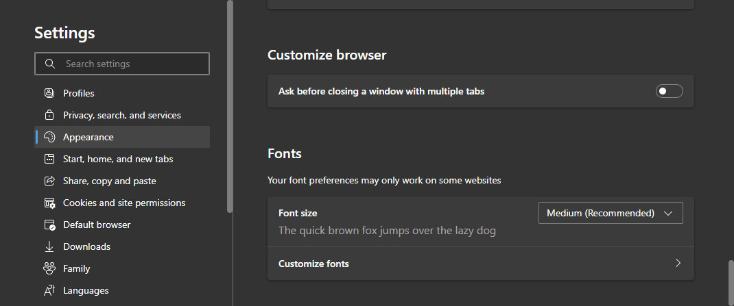 Microsoft edge font size settings