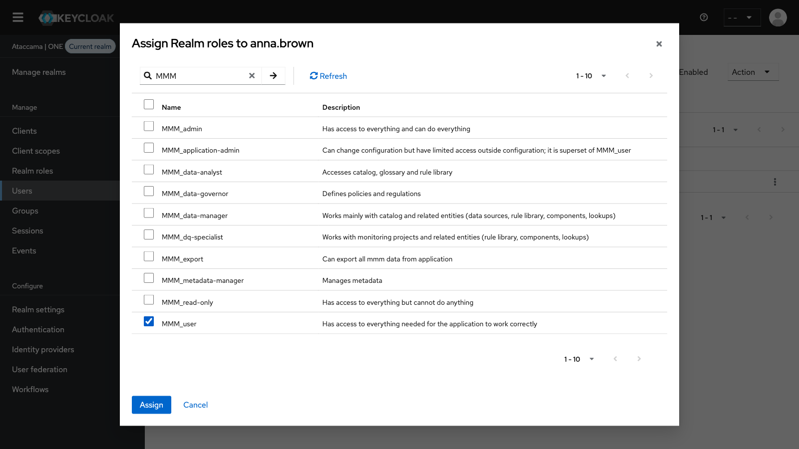 Assign realm roles dialog in Keycloak