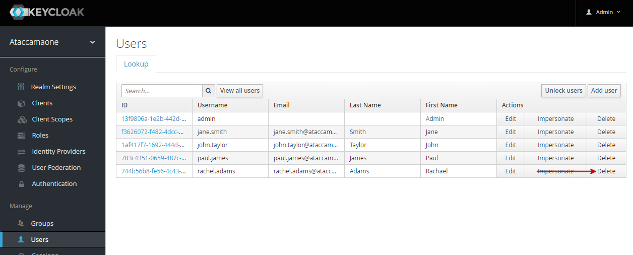 Keycloak delete user