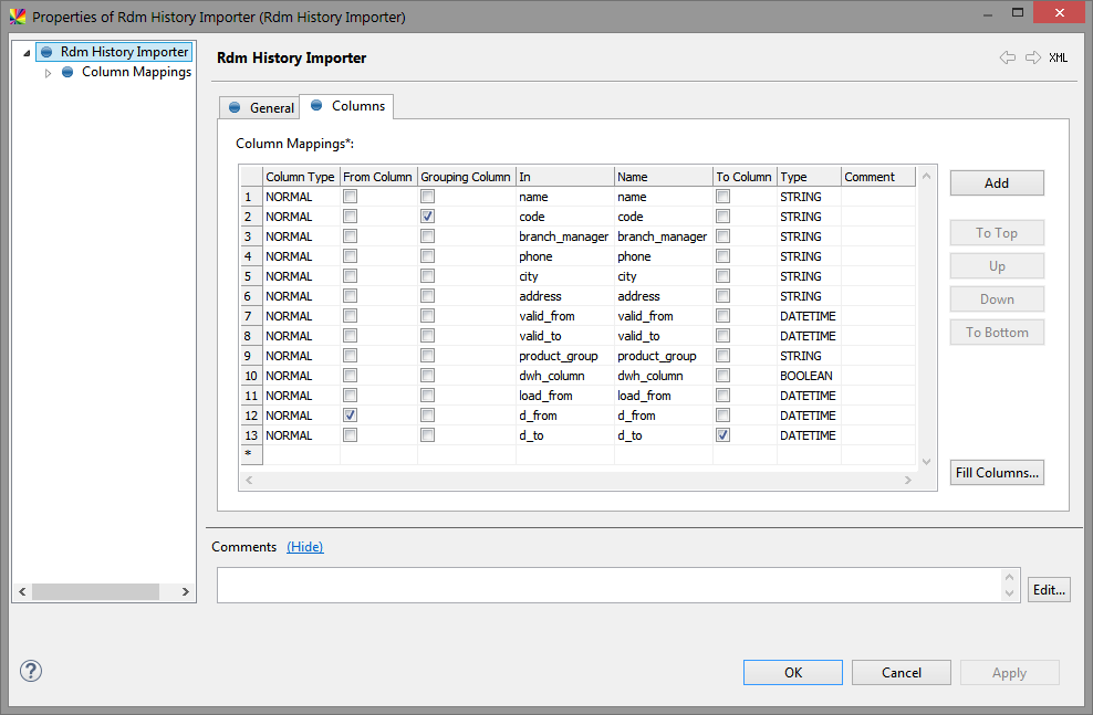 RDM History Importer configuration