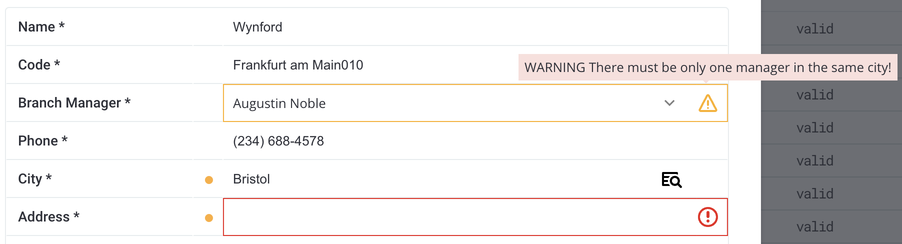 Validation warning example