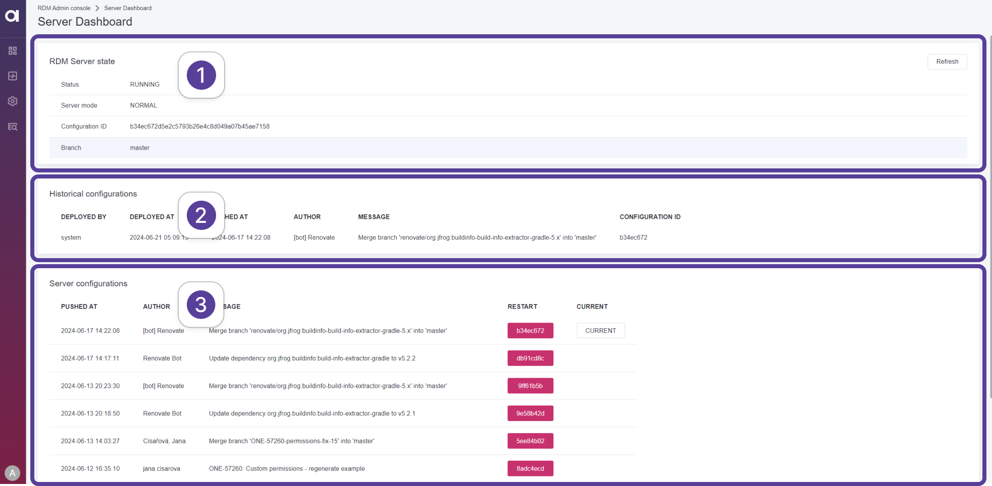 rdm admin console server dashboard tab