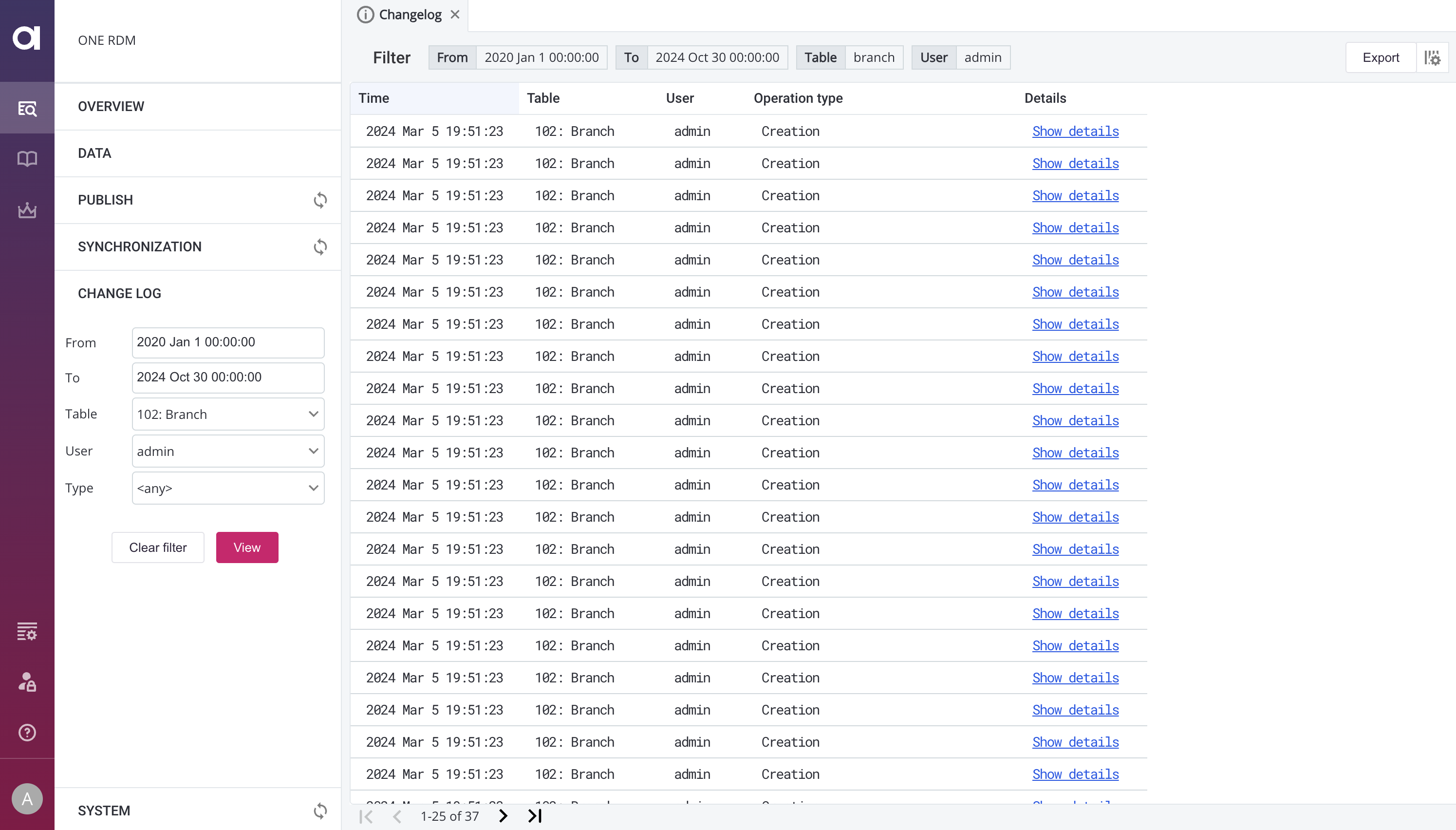 Change log export