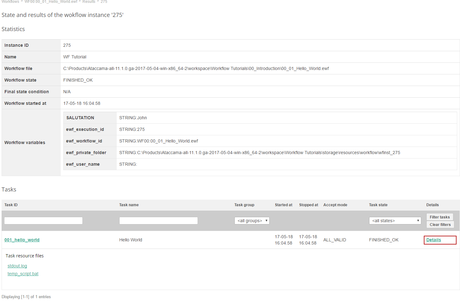 Workflow state and results detail