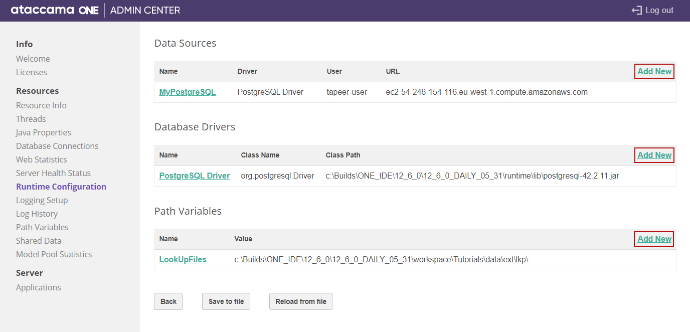 Runtime Configuration in Admin Center > Resources