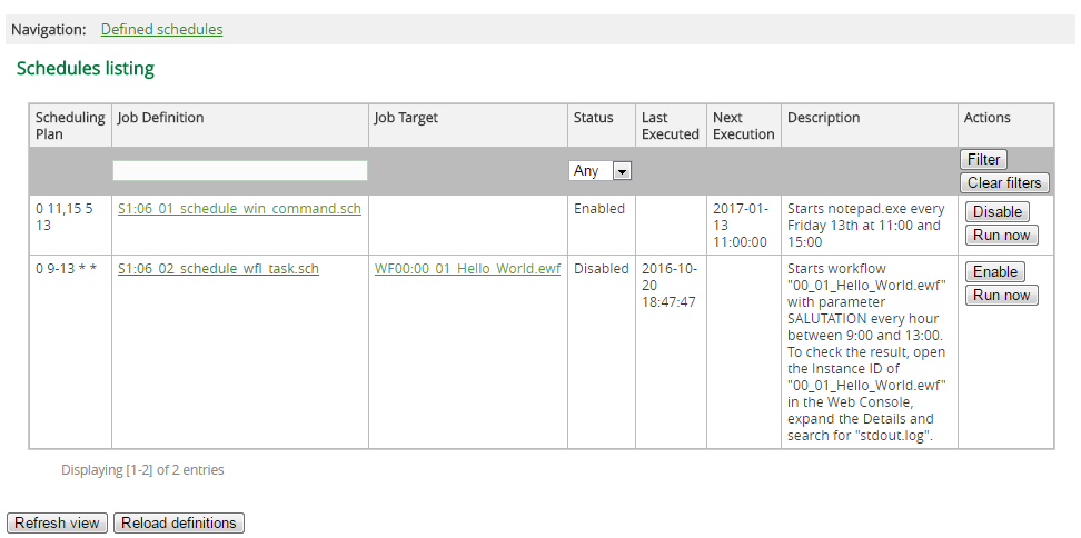 Scheduler Runtime Server Admin interface